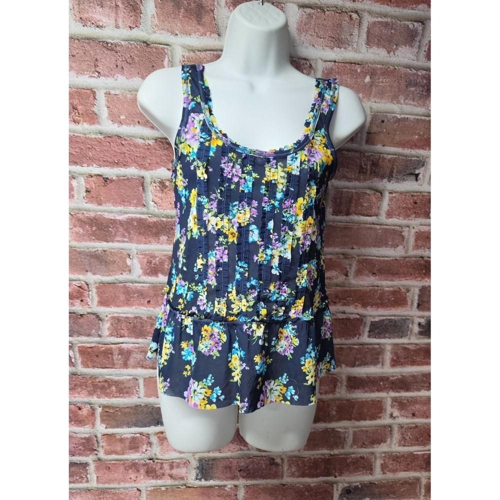 Women's AEROPOSTALE Navy Blue Floral Pintuck Peplum‎ Tank Top Size XS